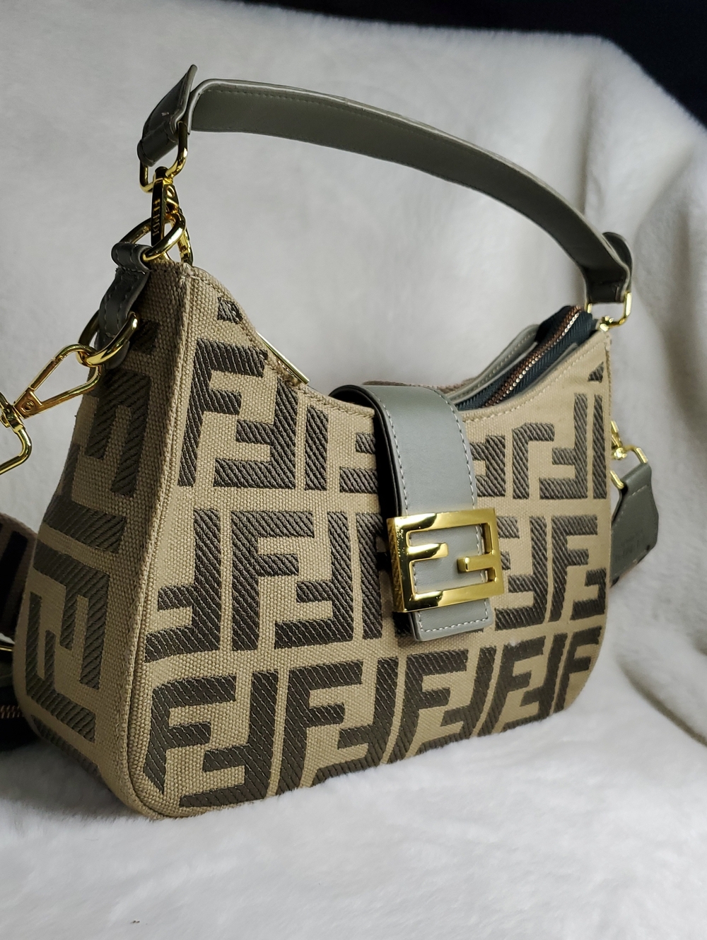 Beige & Brown Monogram Canvas Messenger Bag with Gray Strap - Picture 8 of 16